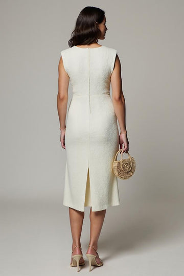 White Bodycon V-Neck Work Dress with 3D Flower